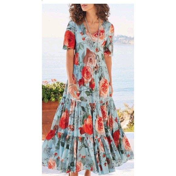 Soft Surroundings Dresses & Skirts - Soft Surroundings Floral Midi Dress Blue Rose Print Tiered Boho Prairie PM